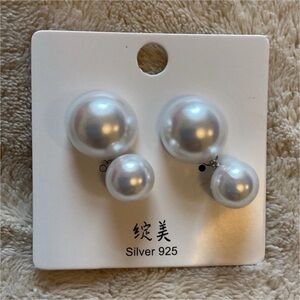 Double-Sided Faux Pearl Stud Earrings in White with Silver 925 Backings